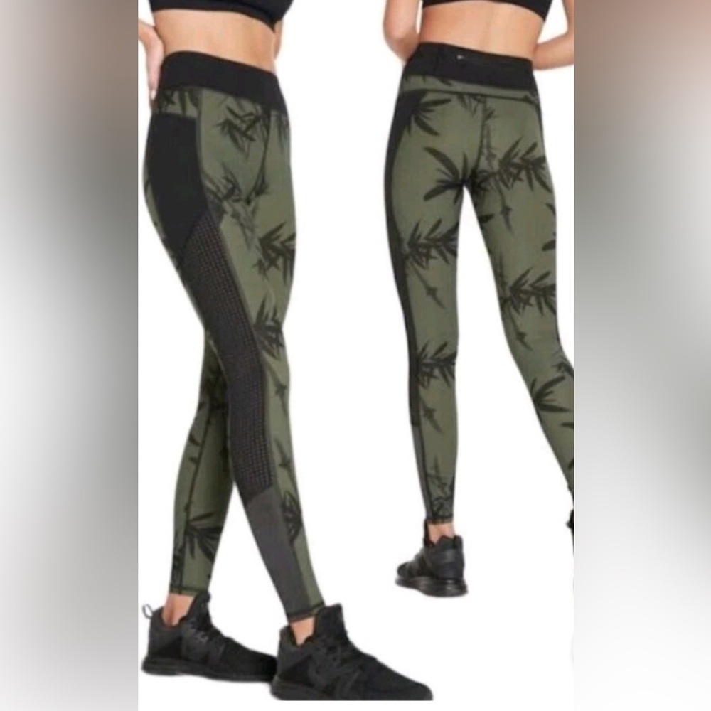 Sweaty‎ Betty Bamboo Print Power Leggings Black Mesh Panels Small Leaf Yoga